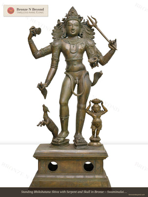 Standing Bhikshatana Shiva with Serpent and Skull in Bronze