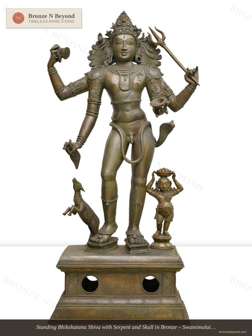 Standing Bhikshatana Shiva with Serpent and Skull in Bronze