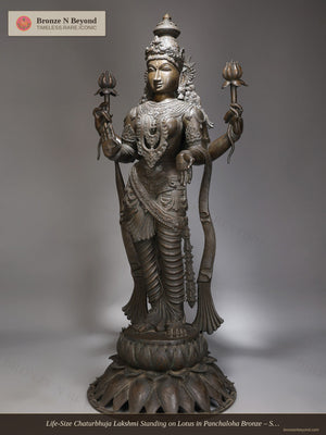 Life-Size Chaturbhuja Lakshmi Standing on Lotus in Panchaloha Bronze – Swamimalai, Tamil Nadu