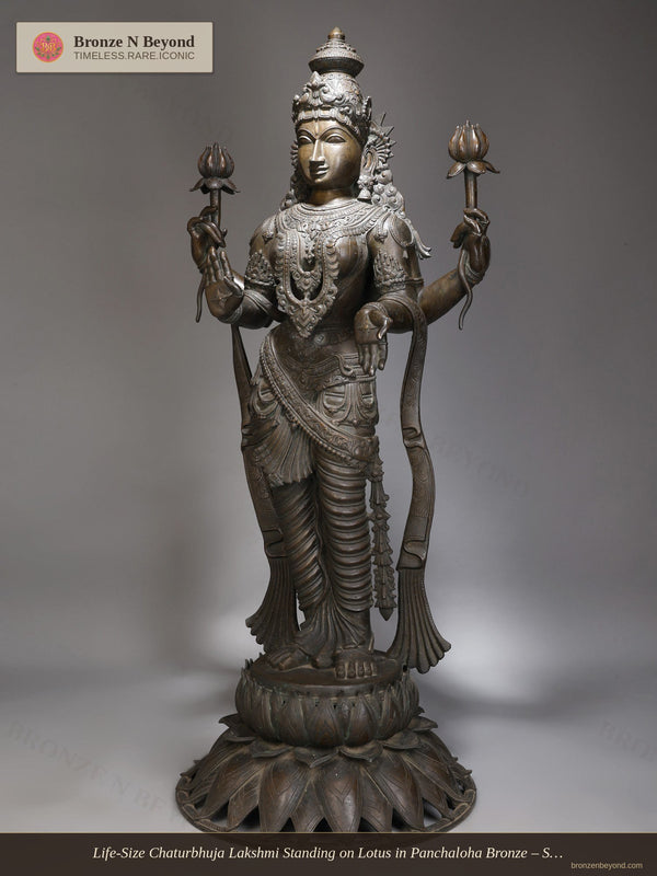 Life-Size Chaturbhuja Lakshmi Standing on Lotus in Panchaloha Bronze – Swamimalai, Tamil Nadu