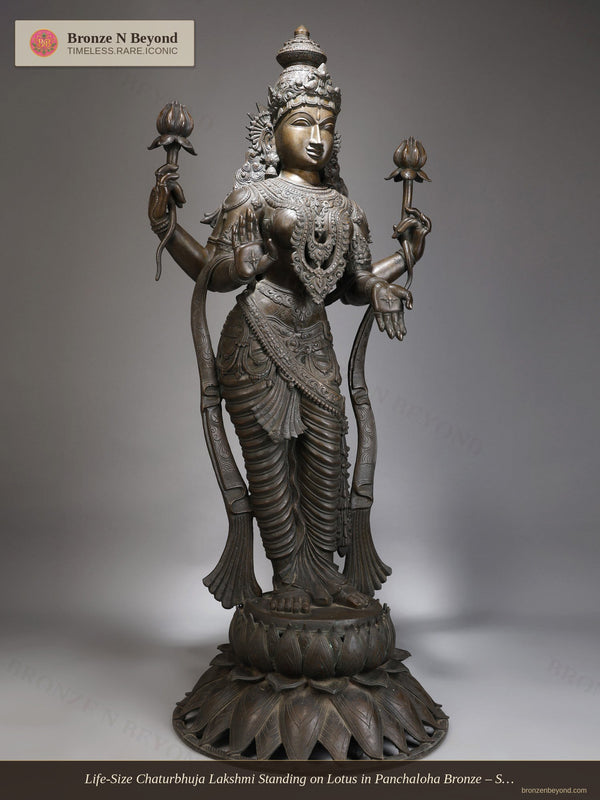 Life-Size Chaturbhuja Lakshmi Standing on Lotus in Panchaloha Bronze – Swamimalai, Tamil Nadu