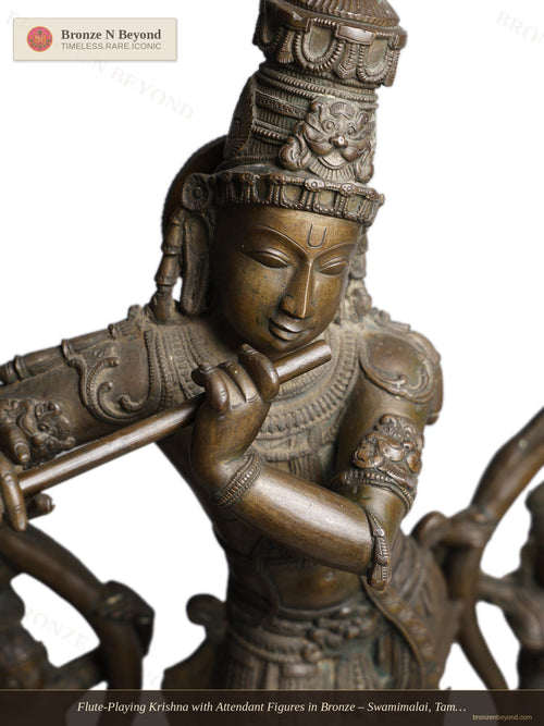 Flute-Playing Krishna with Attendant Figures in Bronze – Swamimalai, Tamil Nadu