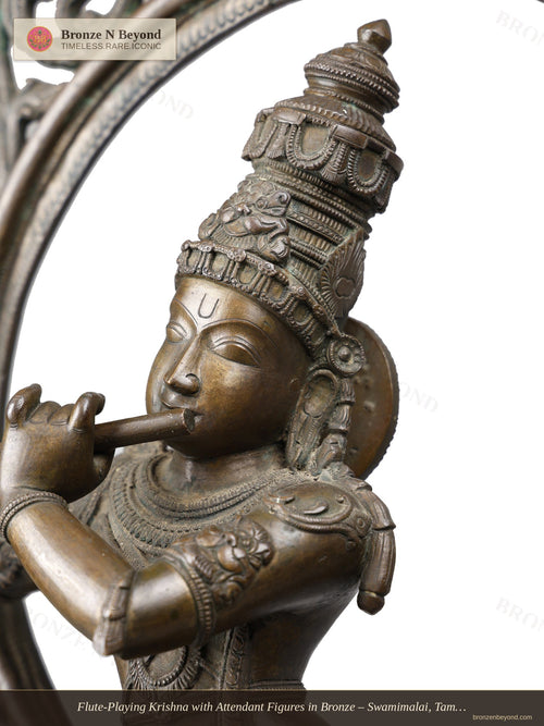 Flute-Playing Krishna with Attendant Figures in Bronze – Swamimalai, Tamil Nadu