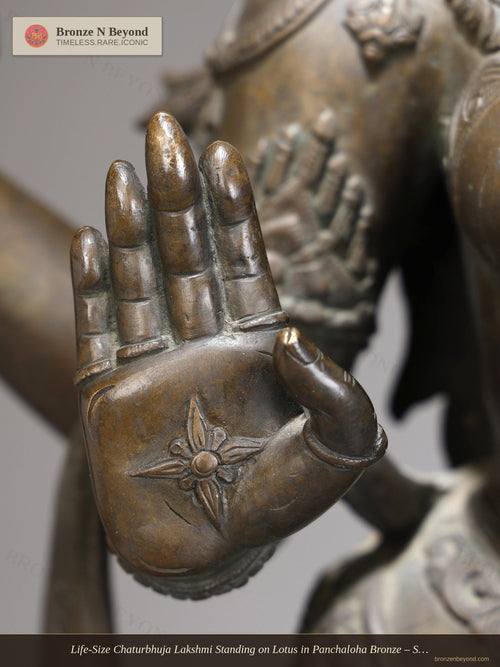 Life-Size Chaturbhuja Lakshmi Standing on Lotus in Panchaloha Bronze – Swamimalai, Tamil Nadu