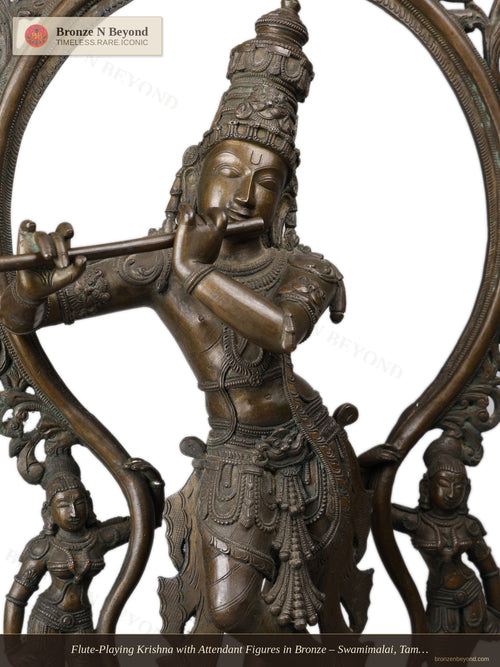 Flute-Playing Krishna with Attendant Figures in Bronze – Swamimalai, Tamil Nadu