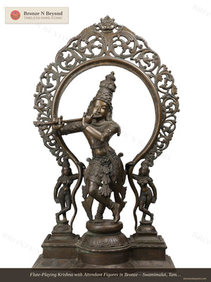 Flute-Playing Krishna with Attendant Figures in Bronze – Swamimalai, Tamil Nadu