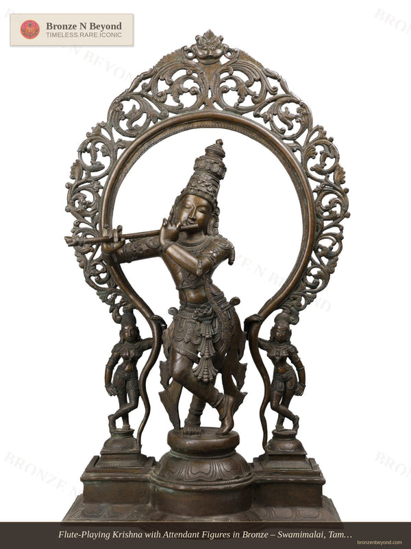 Flute-Playing Krishna with Attendant Figures in Bronze – Swamimalai, Tamil Nadu