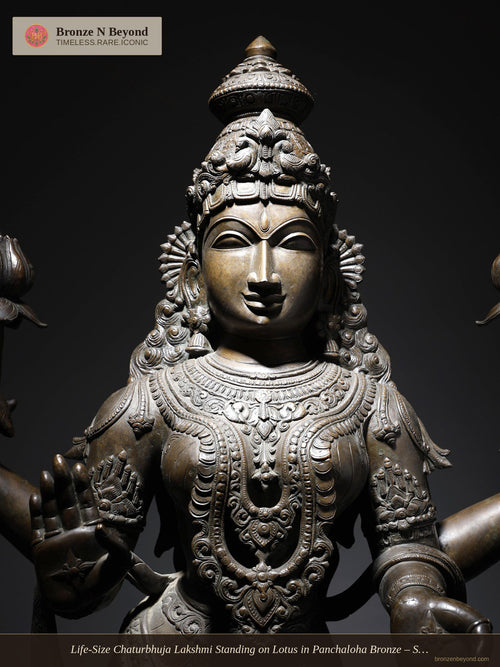 Life-Size Chaturbhuja Lakshmi Standing on Lotus in Panchaloha Bronze – Swamimalai, Tamil Nadu