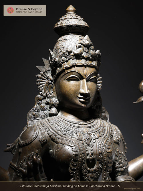 Life-Size Chaturbhuja Lakshmi Standing on Lotus in Panchaloha Bronze – Swamimalai, Tamil Nadu
