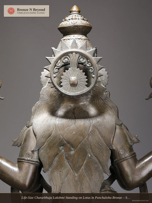 Life-Size Chaturbhuja Lakshmi Standing on Lotus in Panchaloha Bronze – Swamimalai, Tamil Nadu