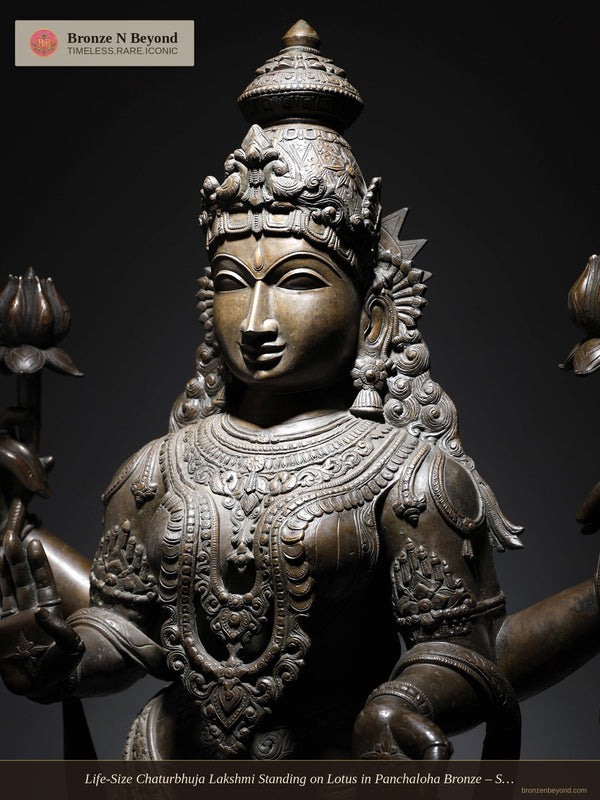 Life-Size Chaturbhuja Lakshmi Standing on Lotus in Panchaloha Bronze – Swamimalai, Tamil Nadu