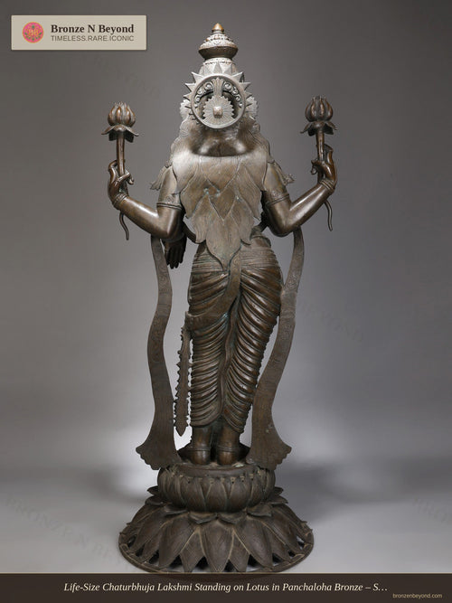 Life-Size Chaturbhuja Lakshmi Standing on Lotus in Panchaloha Bronze – Swamimalai, Tamil Nadu