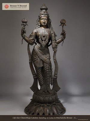 Chaturbhuja Lakshmi Standing on Lotus in Panchaloha Bronze