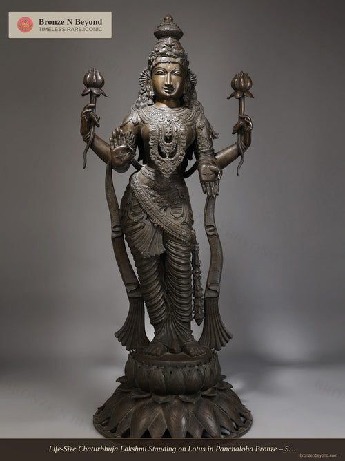 Chaturbhuja Lakshmi Standing on Lotus in Panchaloha Bronze