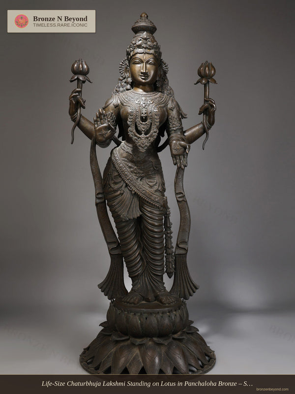 Chaturbhuja Lakshmi Standing on Lotus in Panchaloha Bronze