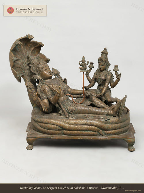 Reclining Vishnu on Serpent Couch with Lakshmi in Bronze