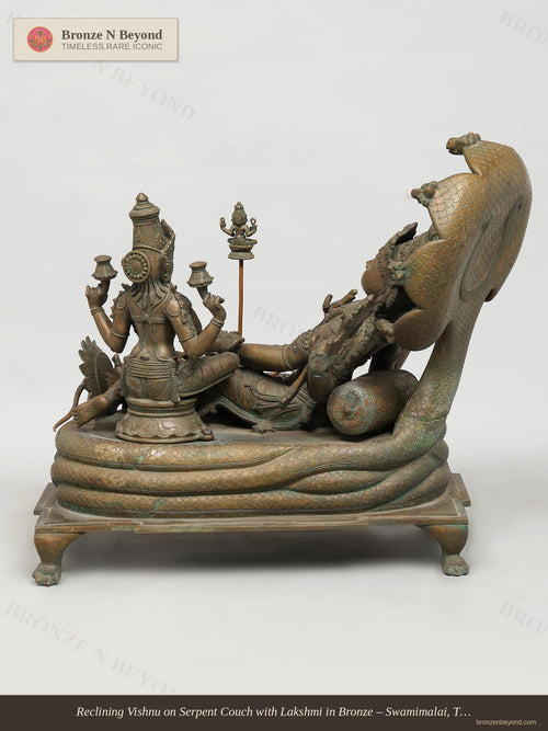 Reclining Vishnu on Serpent Couch with Lakshmi in Bronze – Swamimalai, Tamil Nadu