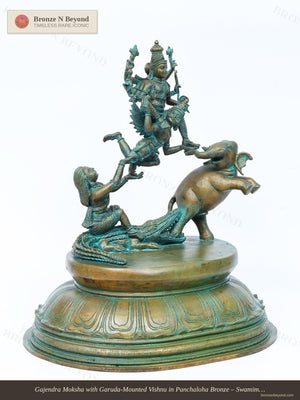 Gajendra Moksha with Garuda-Mounted Vishnu in Panchaloha Bronze – Swamimalai, Tamil Nadu