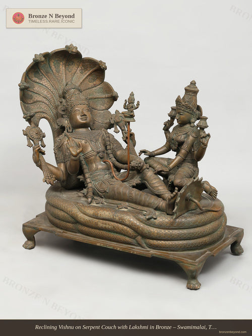 Reclining Vishnu on Serpent Couch with Lakshmi in Bronze – Swamimalai, Tamil Nadu