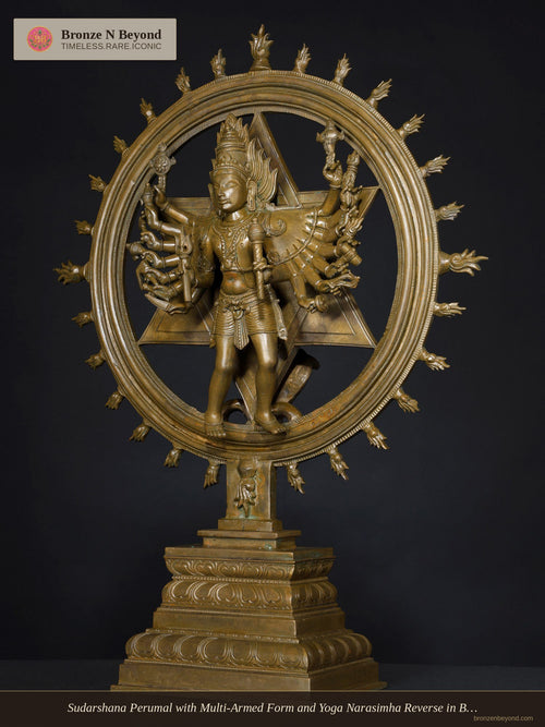 Sudarshana Perumal with Multi-Armed Form and Yoga Narasimha Reverse in Bronze – Swamimalai, Tamil Nadu