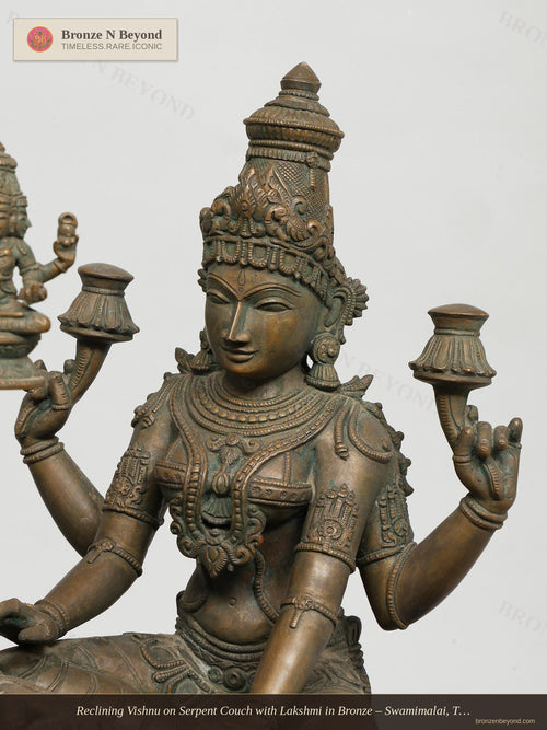 Reclining Vishnu on Serpent Couch with Lakshmi in Bronze – Swamimalai, Tamil Nadu