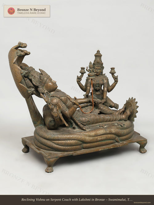 Reclining Vishnu on Serpent Couch with Lakshmi in Bronze – Swamimalai, Tamil Nadu