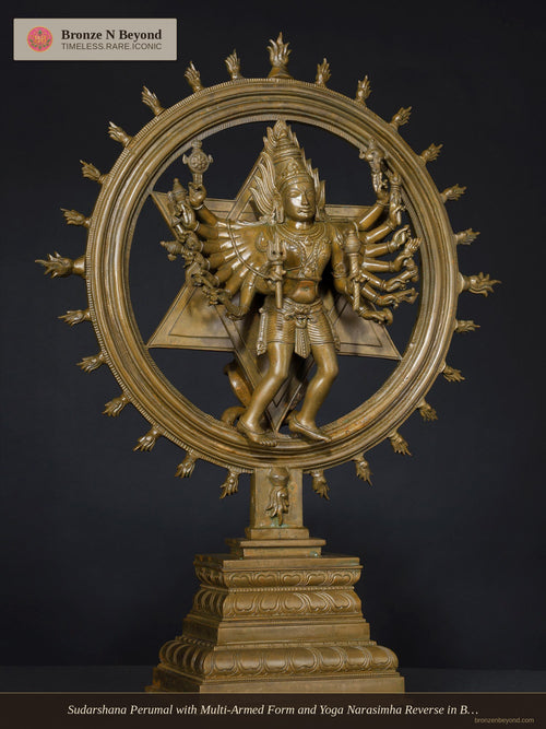 Sudarshana Perumal with Multi-Armed Form and Yoga Narasimha Reverse in Bronze – Swamimalai, Tamil Nadu