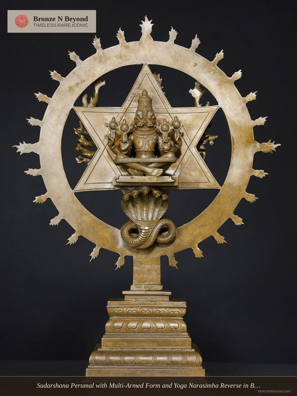 Sudarshana Perumal with Multi-Armed Form and Yoga Narasimha Reverse in Bronze – Swamimalai, Tamil Nadu