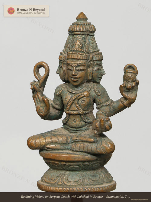 Reclining Vishnu on Serpent Couch with Lakshmi in Bronze – Swamimalai, Tamil Nadu