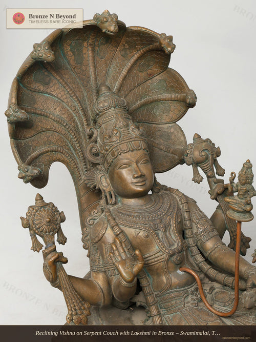 Reclining Vishnu on Serpent Couch with Lakshmi in Bronze – Swamimalai, Tamil Nadu