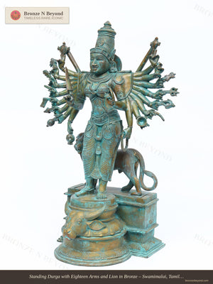 Standing Durga with Eighteen Arms and Lion in Bronze – Swamimalai, Tamil Nadu