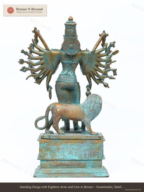 Standing Durga with Eighteen Arms and Lion in Bronze – Swamimalai, Tamil Nadu