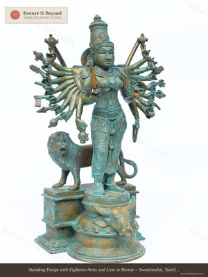 Standing Durga with Eighteen Arms and Lion in Bronze – Swamimalai, Tamil Nadu
