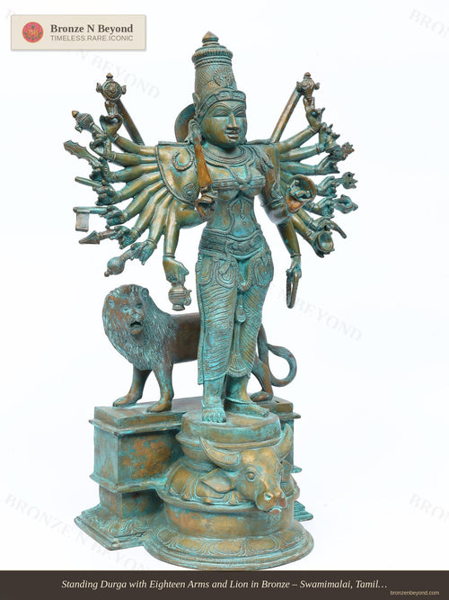 Standing Durga with Eighteen Arms and Lion in Bronze – Swamimalai, Tamil Nadu
