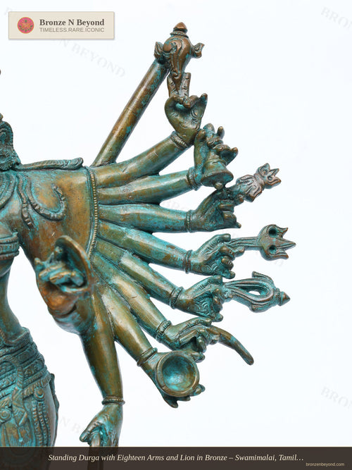 Standing Durga with Eighteen Arms and Lion in Bronze – Swamimalai, Tamil Nadu