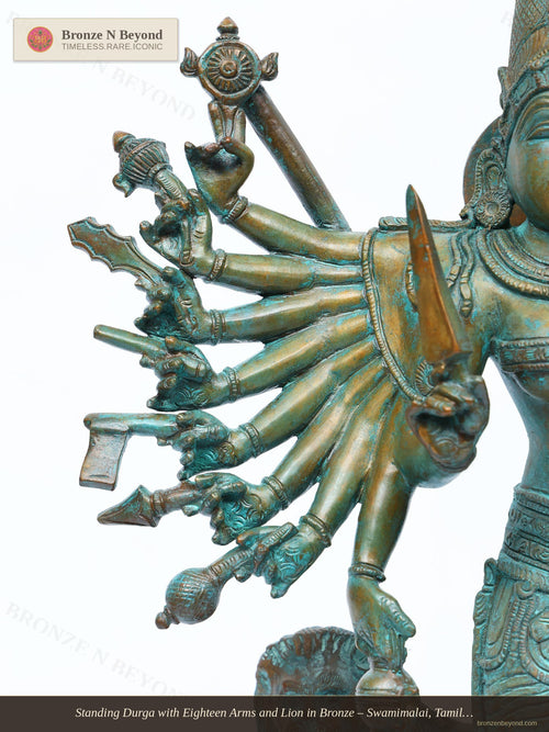 Standing Durga with Eighteen Arms and Lion in Bronze – Swamimalai, Tamil Nadu