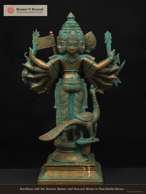 Kartikeya with Vel, Rooster Banner and Peacock Mount in Panchaloha Bronze – Swamimalai, Tamil Nadu