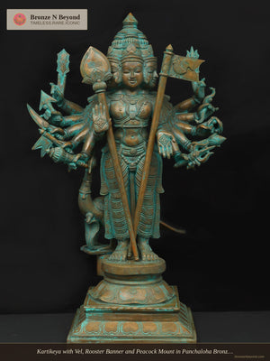 Kartikeya with Vel, Rooster Banner and Peacock Mount in Panchaloha Bronze