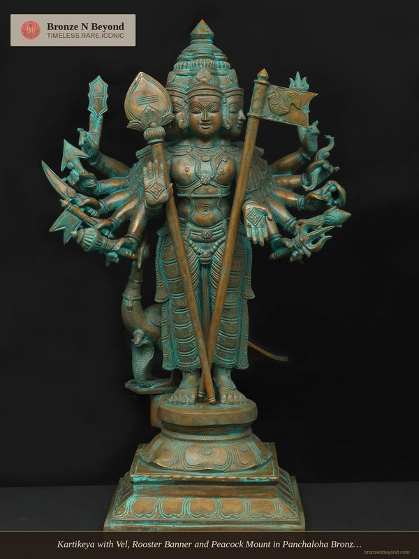 Kartikeya with Vel, Rooster Banner and Peacock Mount in Panchaloha Bronze