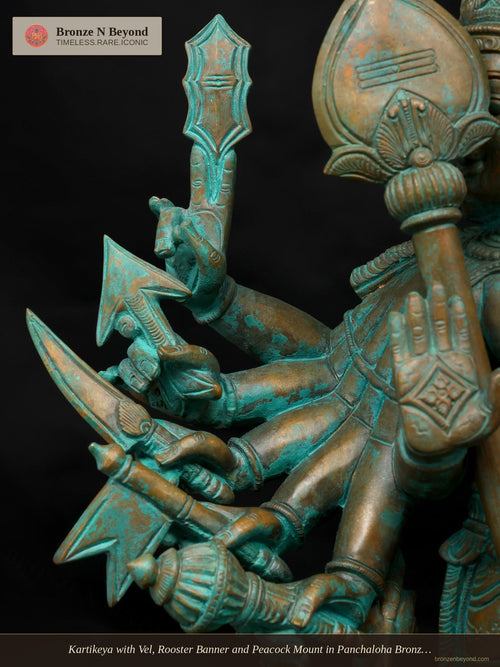 Kartikeya with Vel, Rooster Banner and Peacock Mount in Panchaloha Bronze – Swamimalai, Tamil Nadu