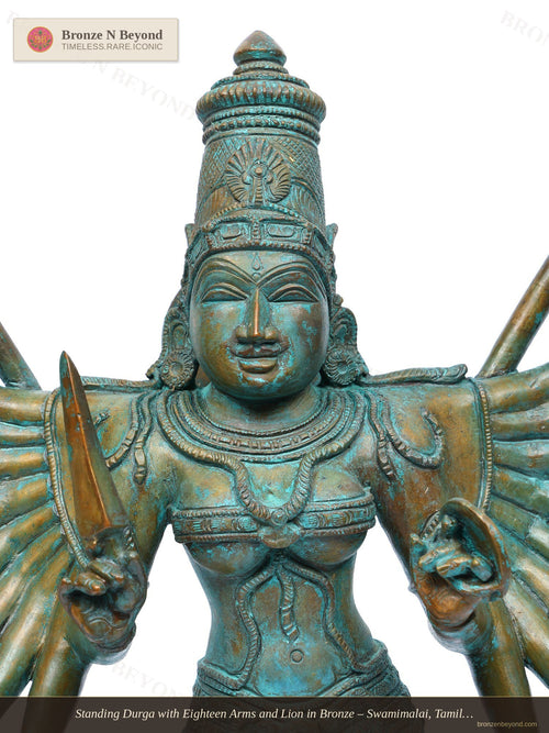 Standing Durga with Eighteen Arms and Lion in Bronze – Swamimalai, Tamil Nadu