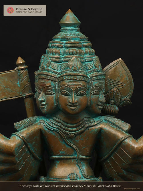 Kartikeya with Vel, Rooster Banner and Peacock Mount in Panchaloha Bronze – Swamimalai, Tamil Nadu