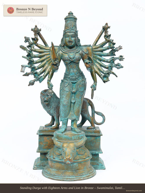 Standing Durga with Eighteen Arms and Lion in Bronze