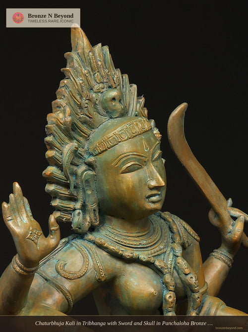 Chaturbhuja Kali in Tribhanga with Sword and Skull in Panchaloha Bronze – Swamimalai, Tamil Nadu