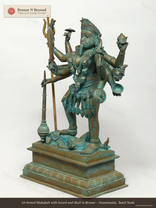 10-Armed Mahakali with Sword and Skull in Bronze – Swamimalai, Tamil Nadu