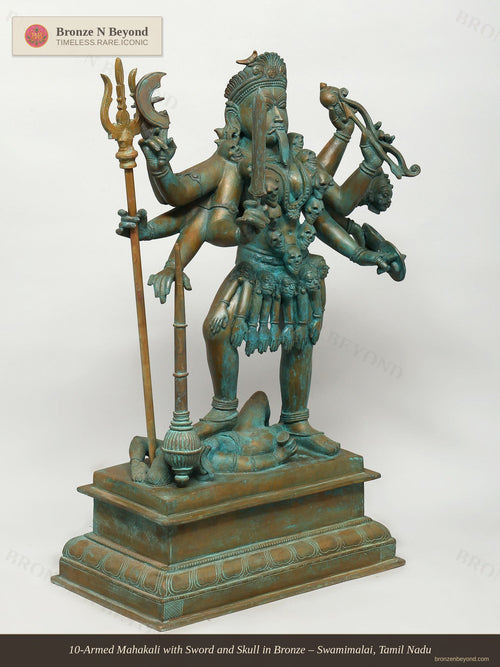 10-Armed Mahakali with Sword and Skull in Bronze – Swamimalai, Tamil Nadu