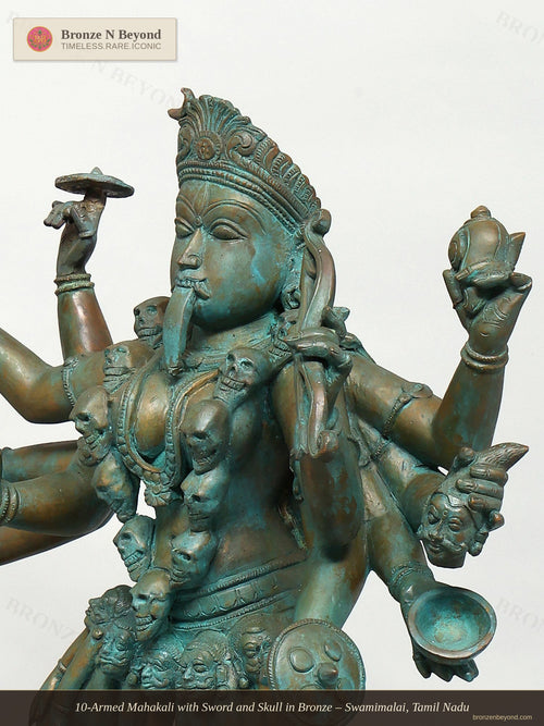 10-Armed Mahakali with Sword and Skull in Bronze – Swamimalai, Tamil Nadu