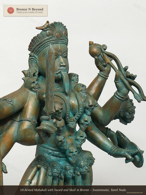 10-Armed Mahakali with Sword and Skull in Bronze – Swamimalai, Tamil Nadu