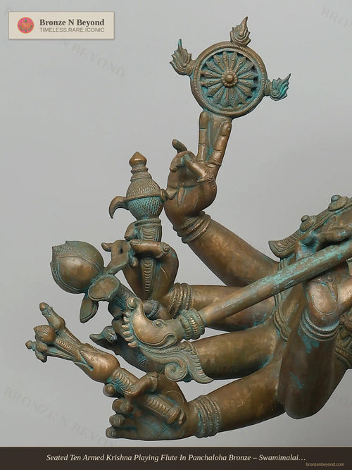 Seated Ten Armed Krishna Playing Flute In Panchaloha Bronze – Swamimalai, Tamil Nadu