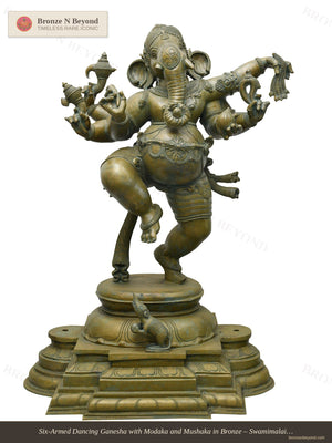 Six-Armed Dancing Ganesha with Modaka and Mushaka in Bronze